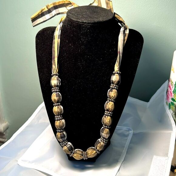 Hand Made Ribbon covered bead necklace with bead accent - Picture 1 of 6